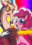  auroachiaro aurorachiaro blue_eyes cutie_mark discord_(mlp) draconequus duo equine female friendship_is_magic hair horn horse mammal my_little_pony pink_hair pinkie_pie_(mlp) plain_background pony rainbow_background red_eyes 