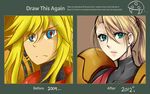  artist_progress before_and_after blonde_hair blue_eyes green_eyes long_hair metroid nashoki no_headwear no_helmet ponytail power_armor samus_aran scrunchie solo varia_suit 