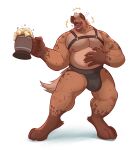 4_toes 5_fingers anthro barazoku beer_foam belly biceps big_muscles biped black_clothing black_jockstrap black_nose black_underwear blush brown_body brown_ears brown_fur brown_spots bubble bulge claws clothed clothed_anthro clothed_male clothing countershade_fur countershade_torso countershading digital_drawing_(artwork) digital_media_(artwork) digitigrade drunk drunk_bubble dullaram eyebrows eyes_closed feet finger_claws fingers front_view full-length_portrait fur gloves_(marking) hair happy harness hi_res holding_beer holding_beer_mug humanoid_hands hyena jockstrap laugh leg_markings male male_anthro mammal markings monotone_background multicolored_body multicolored_fur musclegut muscular muscular_anthro muscular_male nipples open_mouth open_smile pecs pink_nipples portrait quads shaded simple_background smile socks_(marking) solo spots spotted_body spotted_fur spotted_hyena standing substance_intoxication tail tan_body tan_fur tan_hair tan_tail teeth toe_claws toes topless topless_anthro topless_male underwear white_background