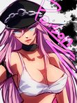  big_hair blue_eyes breasts character_name choker cleavage final_fight hat large_breasts long_hair nanashiba no_bra peaked_cap pink_hair poison_(final_fight) solo street_fighter upper_body 