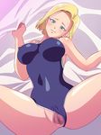  1girl android_18 bare_shoulders bed bed_sheet blonde_hair blue_eyes blush breasts censored dragon_ball dragonball_z earrings engawa_suguru erect_nipples erodon_hearts highres jewelry large_breasts legs looking_at_viewer lying mosaic_censoring no_panties pussy sheet_grab short_hair smile solo spread_legs sweat swimsuit thighs 