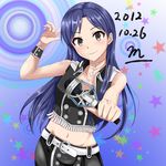  blue_hair choker cross dated idolmaster idolmaster_(classic) kisaragi_chihaya long_hair microphone midriff mossan_(mossan-777) navel pink_diamond_765 signature smile solo star starry_background 