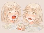  1girl alt_text blonde_hair blush brown_background chibi chibi_inset closed_eyes colored_eyelashes cropped_shoulders dungeon_meshi falin_touden fangs feathers hair_behind_ear highres looking_ahead multiple_views open_mouth sasakura34 shirt short_hair simple_background smile teeth white_feathers white_shirt yellow_eyes 