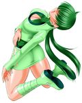  alternate_color arched_back ass boots breasts cleavage cleavage_cutout cropped_jacket earrings green green_footwear green_hair green_skirt hair_over_eyes jewelry jumping knee_boots large_breasts long_hair miniskirt mokkouyou_bond player_2 ponytail shermie skirt solo split_ponytail the_king_of_fighters thighs 