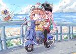  2girls absurdres alternate_costume blush breasts couple driving earrings feather_earrings feathers goggles goggles_on_headwear gradient_hair helmet highres hololive hololive_english jewelry large_breasts long_hair mori_calliope motor_vehicle motorcycle_helmet multicolored_hair multiple_girls multiple_riders on_scooter orange_hair pink_hair purple_eyes red_eyes riding riding_scooter scooter shirt smile takanashi_kiara vespa virtual_youtuber xu_chin-wen yuri 