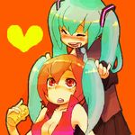  blush breasts brown_hair cleavage closed_eyes drooling drunk german_yajirobee green_hair hatsune_miku heart long_hair lowres medium_breasts meiko multiple_girls oekaki red_eyes saliva short_hair simple_background twintails vocaloid 