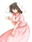  animal_ears black_hair blush breasts bunny_ears bunny_tail carrot carrot_necklace dress inaba_tewi jewelry kasuga_yukihito large_breasts necklace older pendant red_eyes revision short_hair smile solo tail teenage touhou v 