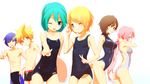  4girls aqua_eyes aqua_hair blonde_hair blue_eyes brown_hair competition_swimsuit hair_ornament hairclip hatsune_miku kagamine_len kagamine_rin kaito long_hair looking_at_viewer male_swimwear mamama megurine_luka meiko multiple_boys multiple_girls one-piece_swimsuit one_eye_closed pink_hair project_diva_(series) project_diva_f school_swimsuit short_hair simple_background smile swim_trunks swimsuit swimwear v vocaloid 