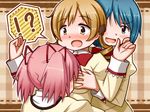  3girls blonde_hair blue_eyes blue_hair blush bow breast_grab breasts drill_hair grabbing grabbing_from_behind hair_ornament hair_ribbon kaname_madoka large_breasts long_sleeves mahou_shoujo_madoka_magica miki_sayaka multiple_girls nose_blush open_mouth pink_hair ribbon school_uniform sen-asanagi short_hair short_twintails surprised tomoe_mami twin_drills twintails yellow_eyes 