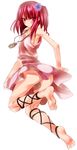  ankle_lace-up ass bad_id bad_pixiv_id barefoot blush cross-laced_footwear dress feet flower full_body hair_flower hair_ornament jewelry magi_the_labyrinth_of_magic morgiana necklace red_hair simple_background solo white_background 