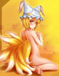  back barefoot blonde_hair blush breasts feet fox_tail hat highres irudana large_breasts looking_at_viewer looking_back multiple_tails nude short_hair sitting sketch solo tail touhou wariza yakumo_ran yellow_eyes 