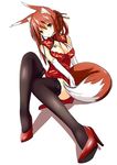  animal_ears black_legwear breasts brown_eyes brown_hair chinese_clothes cleavage fatkewell fox_ears fox_tail high_heels lace lace-trimmed_thighhighs large_breasts legs original shoes sketch solo tail thighhighs 