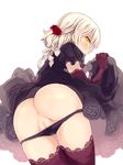  anus ass black_dress black_panties censored dress elbow_gloves flower from_behind gloves hair_flower hair_ornament kurasuke long_hair looking_back mosaic_censoring original panties panty_pull pussy pussy_juice red_legwear silver_hair solo thighhighs underwear white_background yellow_eyes 