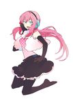  aqua_eyes earmuffs elbow_gloves gloves hand_on_hip hand_on_own_face happy_synthesizer_(vocaloid) highres kintaro kneeling long_hair megurine_luka no_shoes open_mouth pink_hair sidelocks skirt smile solo thighhighs vocaloid 