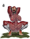 2025 5_toes absurd_res alien anthro areola armor arms_bent big_areola big_breasts big_mouth_(anatomy) big_nipples biped black_hair black_sclera breasts claws crouching dark_hair digital_drawing_(artwork) digital_media_(artwork) dreadlocks dustyjcircus feet female genitals glistening glistening_areola glistening_arms glistening_body glistening_breasts glistening_eyes glistening_legs glistening_tongue grass greaves gums hair hands_behind_head head_tilt hi_res huge_areola huge_nipples humanoid_feet iris light_body long_hair looking_at_viewer mandibles mostly_nude mostly_nude_female mostly_nude_humanoid multicolored_body navel nipples not_furry open_mouth orange_body orange_eyes pink_areola pink_nipples pink_tongue pink_vulva plant plantigrade plump_labia pose predator_(franchise) puffy_areola pupils raised_heel red_body red_breasts sharp_teeth signature silver_(metal) silver_armor simple_background solo spread_legs spreading teeth three-quarter_view toe_claws toes tongue tongue_out vambrace vulva white_background white_body white_claws wide_hipped_female wide_hipped_humanoid wide_hips yautja