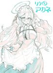  1girl absurdres adjusting_eyewear akane_(blue_archive) apron apron_hold blue_archive center_frills character_name chest_harness frilled_apron frills glasses grin hair_between_eyes halo harness highres limited_palette long_hair long_sleeves looking_at_viewer maid maid_apron maid_headdress nosir_onadat pale_color simple_background smile solo very_long_hair white_background 