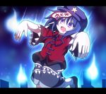  blue_eyes blue_hair do_(4-rt) drooling hat hitodama jiangshi miyako_yoshika ofuda open_mouth outstretched_arms short_hair skirt smile solo star tombstone touhou zombie_pose 
