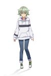  1girl anime_coloring blue_pants breasts closed_mouth collarbone crossed_bangs cue! denim flipped_hair full_body green_hair green_shoes hair_between_eyes highres hood hood_down hoodie jeans kano_shiho long_sleeves looking_at_viewer official_art open_hands pants pants_rolled_up shoes simple_background small_breasts solo standing striped_clothes striped_hoodie tachi-e taniguchi_motohiro transparent_background tsurime two-tone_hoodie white_hood white_hoodie 