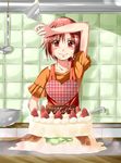  arm_up bad_id bad_pixiv_id blush bowl cake food food_on_face fruit hair_ornament hairclip hino_akane_(smile_precure!) icing kitchen ladle orange_shirt precure red_eyes red_hair shirt short_hair smile smile_precure! solo spatula strawberry yuutarou_(fukiiincho) 