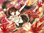  autumn_leaves black_wings blush brown_hair bug_(artist) camera fan feathers flying geta hat holding looking_at_viewer red_eyes shameimaru_aya short_hair skirt smile solo tokin_hat touhou wings 