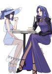  2girls black_hair closed_eyes closed_mouth dress fate/grand_order fate_(series) hat highres kuonji_alice kuonji_alice_(second_ascension) mahou_tsukai_no_yoru medea_(caster)_(fate) medea_(fate) multiple_girls open_mouth pointy_ears profile purple_dress purple_eyes purple_hair shintyoi2 short_hair simple_background smile sun_hat twitter_username white_background white_dress white_hat 