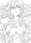  breast_suppress breasts greyscale hijiri_byakuren kuronuko_neero large_breasts long_hair looking_at_viewer monochrome smile solo touhou 