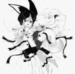  2boys barefoot buttons closed_mouth commentary cyno_(genshin_impact) dark-skinned_male dark_skin dot_mouth dot_nose genshin_impact greyscale hair_between_eyes hair_over_one_eye hashtag-only_commentary highres hugging_another's_tail hugging_tail li04r long_hair long_sleeves looking_at_viewer lying male_focus monochrome multicolored_hair multiple_boys on_back on_side open_mouth ribbon shorts simple_background sleeve_cuffs streaked_hair tail tighnari_(genshin_impact) white_background 
