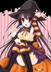  black_hair candy food halloween hat lollipop long_hair mameyarou open_mouth original red_eyes solo thighhighs witch_hat 