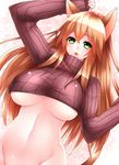  animal_ears arm_up bad_id bad_pixiv_id blonde_hair bottomless breasts fox_ears green_eyes highres huge_breasts long_hair open_mouth original ribbed_sweater sleeves_past_wrists solo sweater underboob yutazou 