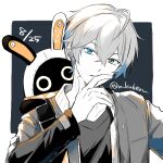  1boy animal_ears bandana bangboo_(zenless_zone_zero) black_shirt blue_eyes collarbone commentary_request crossed_bangs dated double-parted_bangs fingernails grey_jacket hair_between_eyes hand_to_own_mouth head_tilt highres jacket long_sleeves male_focus narai_kurozu orange_bandana parted_lips rabbit_ears shirt short_hair t-shirt twitter_username upper_body v-neck wise_(zenless_zone_zero) zenless_zone_zero 