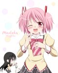  :3 ;d akemi_homura anger_vein black_hair blue_eyes blush bow food hair_ribbon hairband kaname_madoka kyubey mahou_shoujo_madoka_magica makino_(ukiuo) multiple_girls one_eye_closed open_mouth pantyhose pink_eyes pink_hair popcorn ribbon school_uniform short_twintails skirt smile twintails 