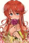 alternate_hairstyle blue_eyes blush covering_own_mouth dress endou_tugumi flower freckles gemini_sunrise holding holding_flower long_hair looking_at_viewer off_shoulder red_hair sakura_taisen sakura_taisen_v sidelocks strapless strapless_dress yellow_dress 