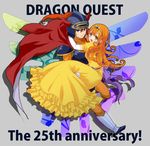  1girl armor black_eyes black_hair boots cape carrying copyright_name dragon_quest dragon_quest_i dress full_body fysr green_eyes grey_background helmet hero_(dq1) horns long_hair orange_hair princess_carry princess_laura red_cape smile tiara yellow_dress 