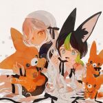  2boys animal_ear_fluff animal_ears aqua_eyes black_hair black_ribbon blush closed_mouth commentary_request cyno_(genshin_impact) dot_nose fang frown genshin_impact green_hair hair_ribbon highres li04r long_hair lying male_focus multicolored_hair multiple_boys on_stomach open_mouth orange_eyes parted_bangs ribbon shirt sitting sleeve_cuffs smile star_(symbol) streaked_hair stuffed_animal stuffed_toy tighnari_(genshin_impact) tongue trap tying_another's_hair wavy_hair white_background white_hair white_shirt 