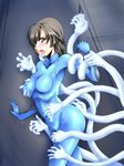  black_eyes black_hair blush bodysuit breast_grab covered_navel fatal_frame fatal_frame_4 ghost gloves grabbing hair_over_one_eye md5_mismatch metroid minazuki_ruka open_mouth paki_aki shiny shiny_clothes short_hair skin_tight solo zero_suit 