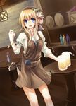  :d alcohol apron barrel beer blonde_hair blue_eyes case flower glass long_hair looking_at_viewer open_mouth original smile solo table waitress yukichin 