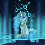  blue blue_hair blue_theme crown cutie_mark equestria-prevails equine female friendship_is_magic glowing glyph hair horn horse magic mammal my_little_pony necklace original_character pony purple_eyes sitting solo sparkles winged_unicorn wings 