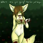  beckoning blood bottomless canine chest_wrap clothed clothing collar dialog dialogue english_text female fennec fox hair_over_eye half-dressed mammal skimpy solo spiked_collar spikes_collar text 