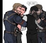  2boys avengers:_infinity_war avengers_(series) back beard belt black_eyes black_hair black_pants black_vest blonde_hair blue_bodysuit blue_eyes bodysuit borrowed_clothes brown_belt brown_gloves captain_america closed_eyes closed_mouth collared_shirt cowboy_shot english_text facial_hair fingerless_gloves gloves hands_on_another's_head hands_up kiss kissing_cheek long_sleeves looking_at_another male_focus marvel multiple_boys multiple_views necktie one_eye_closed pants pocket red_necktie shirt short_hair simple_background speech_bubble standing star_(symbol) steve_rogers superhero_costume tony_stark vest weibo_7899261198 white_background white_shirt yaoi 