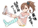  bare_shoulders blush brown_hair butterfly_hair_ornament choker chousoku_henkei_gyrozetter dressing feet flat_chest green_eyes hair_ornament highres inaba_rinne long_hair long_sleeves looking_at_viewer panties pantyshot pantyshot_(sitting) ribbon_choker roller_shoes saeki_tatsuya shoes shorts side_ponytail single_shoe single_thighhigh sitting smile solo striped striped_legwear thighhighs translation_request underwear upshorts 