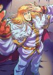  1boy absurdres belt blonde_hair blue_eyes blurry cape character_request commentary_request curtains depth_of_field from_above fur-trimmed_cape fur_trim gold_belt highres hokuto_no_ken long_hair looking_at_viewer looking_up male_focus otyumamii pants red_cape shirt sketch smile solo spotlight two-sided_cape two-sided_fabric white_pants white_shirt yellow_cape 
