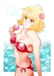  1girl blonde_hair breasts cleavage flower food ice_cream large_breasts light_smile marguerite ocean one_piece sea solo swimsuit underboob yuki1977 