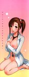  barefoot between_breasts blush bottomless breasts brown_eyes brown_hair highres labcoat large_breasts looking_at_viewer naked_shirt nipples no_bra nude open_clothes open_mouth open_shirt original ponytail shikishiro_konomi shiny shiny_skin shirt sitting smile solo stethoscope 