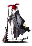  alternate_costume alternate_weapon bare_legs ghostzxt hair_bobbles hair_ornament japanese_clothes obi onozuka_komachi red_eyes red_hair sash scythe short_hair smile solo touhou two_side_up weapon white_background 