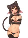  :o animal_ears artist_name bangs bikini black_bikini black_hair black_legwear blunt_bangs blush breasts capelet cat_ears cat_tail cleavage contrapposto detached_sleeves fang finger_to_mouth groin head_tilt high_collar highres large_breasts looking_at_viewer miyamae_porin navel open_mouth original red_eyes short_hair side-tie_bikini simple_background solo standing swimsuit tail tareme thigh_gap thighhighs white_background 
