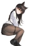  absurdres animal_ear_fluff animal_ears ass atago_(azur_lane) azur_lane bangs black_footwear black_hair black_legwear black_sailor_collar black_skirt blush breasts closed_mouth commentary expressionless eyebrows_visible_through_hair from_side hair_ribbon highres loafers long_hair long_sleeves looking_at_viewer lying medium_breasts miniskirt mole mole_under_eye on_side panties panties_over_pantyhose pantyhose pleated_skirt qianqiu_wanxia ribbon sailor_collar shirt shoes simple_background skirt solo thighband_pantyhose underwear white_background white_ribbon white_shirt yellow_eyes 