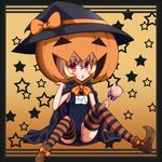  :o blonde_hair candy cape food halloween hat jack-o'-lantern lollipop one-piece_swimsuit orange_background original pumpkin pumpkin_hat red_eyes school_swimsuit short_hair solo star starry_background striped striped_legwear swimsuit swirl_lollipop thighhighs witch_hat yosuzu 