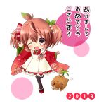  1girl 2019 ahoge akino_sakura apron boar bow brown_hair brown_thighhighs chibi child ecobou_alma emil_chronicle_online fang green_bow hair_bow happy_new_year japanese_clothes kimono official_alternate_costume okobo one_eye_closed open_mouth pink_eyes platform_sandals red_bow red_kimono sandals short_twintails standing standing_on_one_leg thighhighs twintails white_apron white_background 