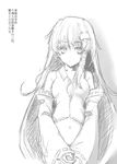  bad_id bad_pixiv_id greyscale kochiya_sanae kuronuko_neero long_hair looking_at_viewer midriff monochrome navel simple_background smile solo touhou translation_request very_long_hair white_background 