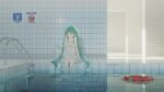  1girl absurdres aqua_hair arm_ribbon closed_eyes closed_mouth collarbone dididi_laonian_ka dream_pool dress facing_viewer google_sketchup_(medium) hair_between_eyes hatsune_miku highres indoors lifebuoy liminal_space long_hair no_symbol pool_ladder poolside reflection reflective_water ribbon shadow sitting soaking_feet solo swim_ring tile_floor tile_wall tiles twintails very_long_hair vocaloid water white_dress 